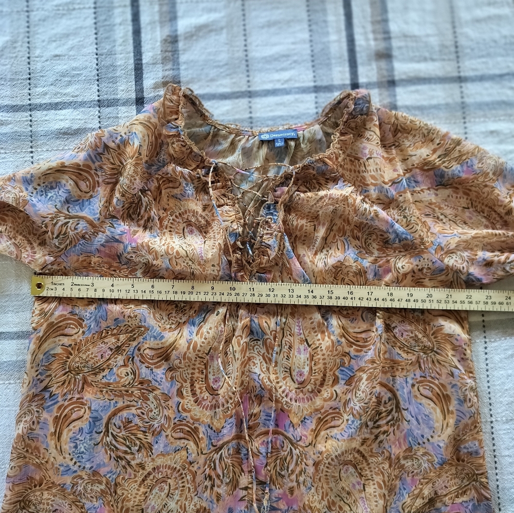Democracy Women's Sheer Brown Paisley Peasant Top Large Boho 70s whimsigoth - Picture 11 of 14